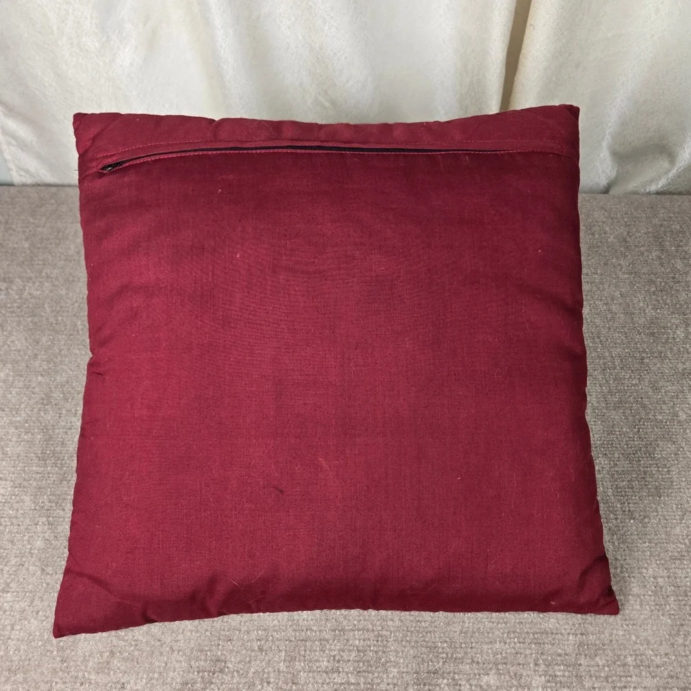 Vtg Hmong Story Cloth Embroidered Throw Pillow Burgundy Square Folk Art 16